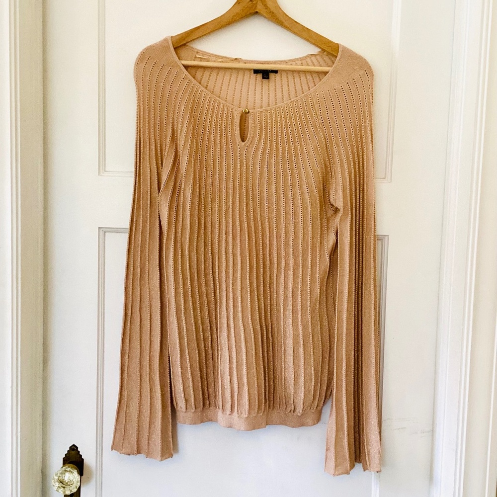 APT. 9 Metallic Champagne Gold Ribbed Lace Sweater L Bell Sleeve Holiday Party